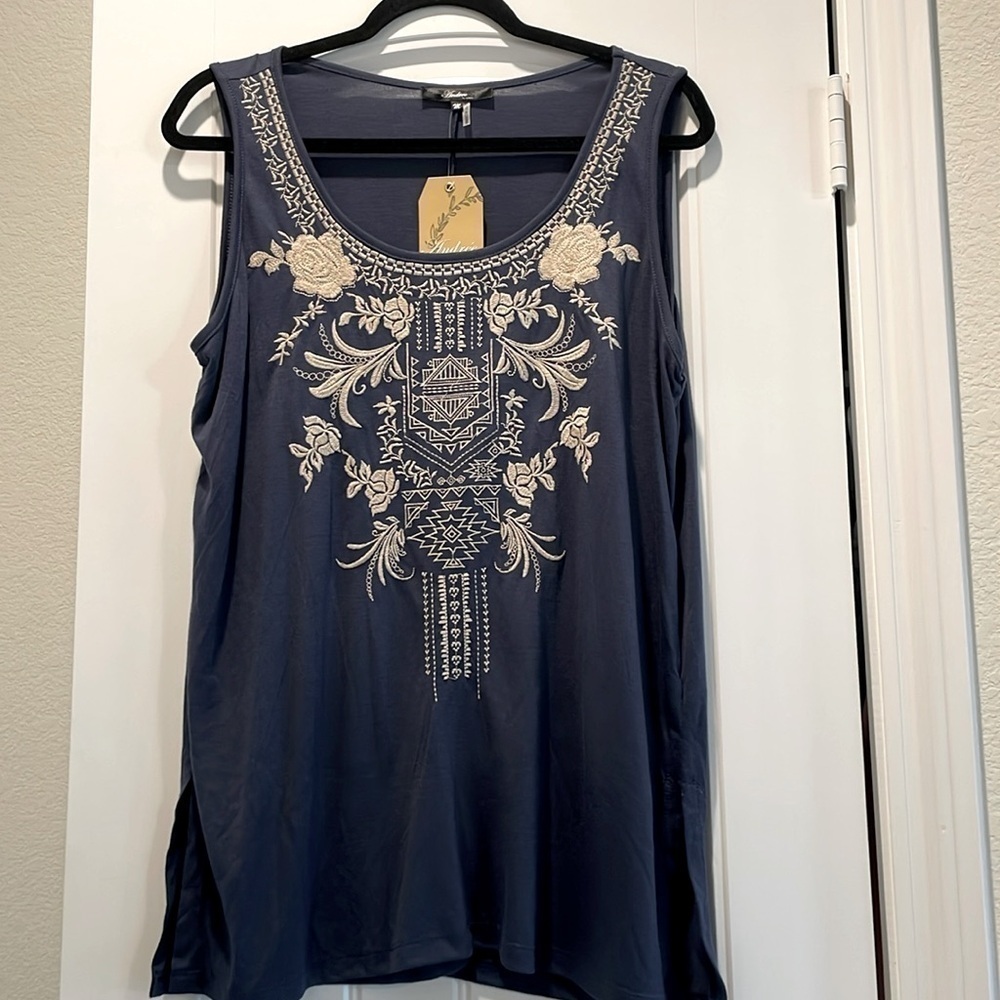 Andree By Unit Women’s Tank Top Medium Blue Longline Bohemian Embroidered Top